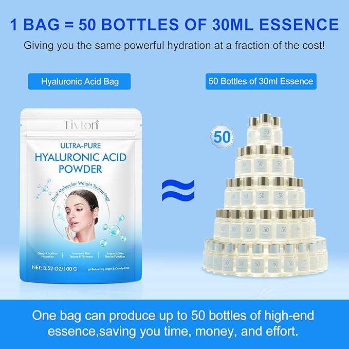 2x Hyaluronic Acid Powder for Skin & Face, High Molecular Weight Hyaluronic Acid Serum Powder Pure, 24Hours Skin Hydration and Moisture Support Supplements | Vegan-friendly, 200g