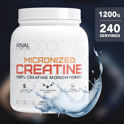RIVAL NUTRITION Micronized Creatine I 100% Creatine Monohydrate Powder I 240 Servings I 5g Per Serving I Supports Muscle Performance, Lean Mass, and Cognitive Function | Unflavored I for Men & Women