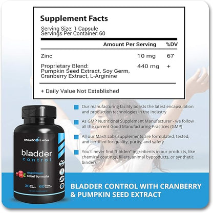 Bladder Control Supplement - Overactive Bladder Control Pills - Potent Blend of Pumpkin Seed Oil, Cranberry Extract & Vitamin D3 - Urinary Tract Infection Treatment for Women & Men - 60Ct