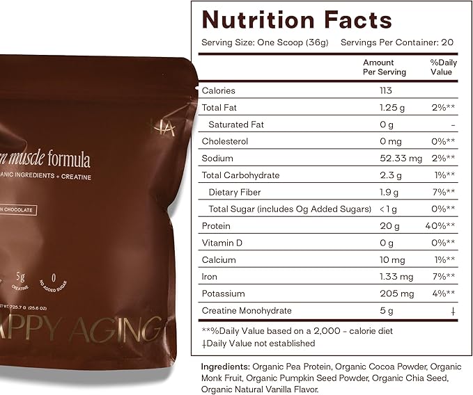 Happy Aging Protein Powder for Women, 20g Organic Pea & Pumpkin Seed Protein, 5g Creatine, Monk Fruit Sweetened, Organic Cocoa & Chia, Vegan Plant Based Protein