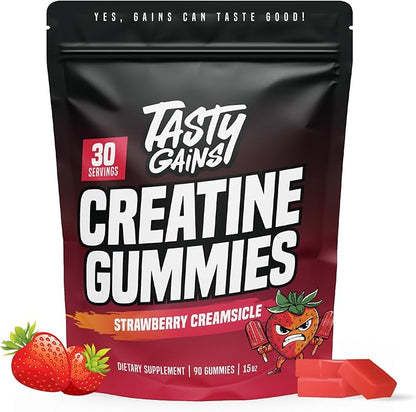 TASTY GAINS Creatine Gummies - 90g of Creatine Monohydrate - Workout Supplements - Build Muscle & Boost Strength for Men & Women - Made in USA - Non GMO - (Large, Strawberry Creamsicle Flavor)