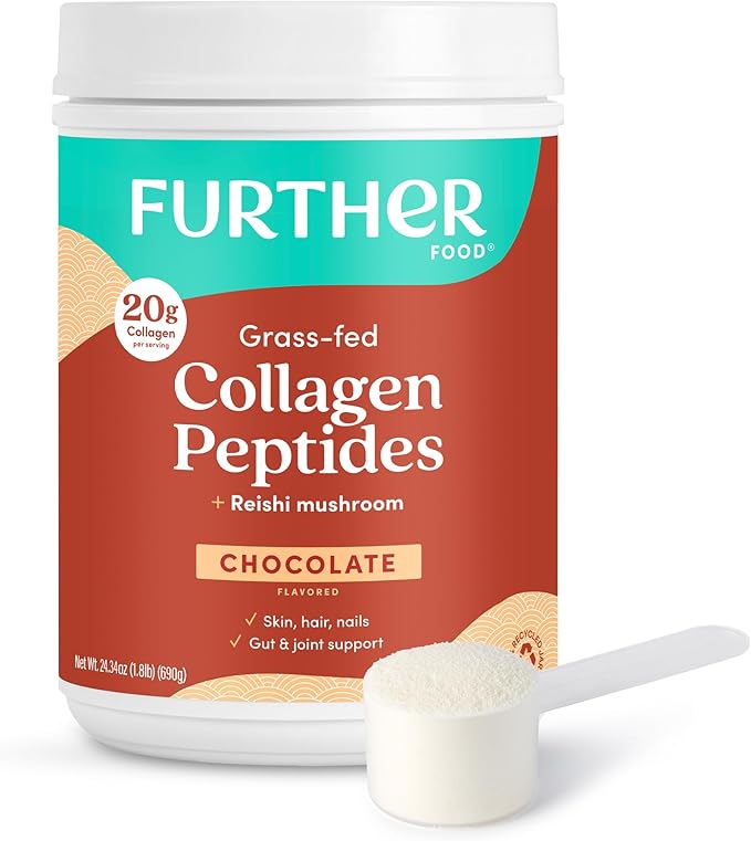 Further Food Chocolate Collagen Peptides Powder with Reishi Mushroom - 100% Grass-Fed, Hydrolyzed Type 1 & 3, 20g of Collagen per Serving, Supports Skin, Hair, Nails & Joints, 24.34 Oz