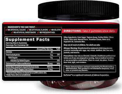 Force Factor Black Maca Gummies, 2-Pack, Black Maca Root to Enhance Male Vitality, Increase Energy & Strength, with BioPerine for Superior Absorption, Delicious Passion Berry Flavor, 120 Gummies