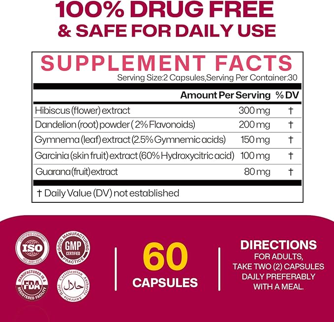 Appetite Suppressant, Metabolism Booster for Weight Loss, Fat Burner Supplement, Garcinia Cambogia, Guarana, Hibiscus, Dandelion, Gynostemma, Natural Support for Energy Levels, 60 Capsules