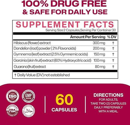Appetite Suppressant, Metabolism Booster for Weight Loss, Fat Burner Supplement, Garcinia Cambogia, Guarana, Hibiscus, Dandelion, Gynostemma, Natural Support for Energy Levels, 60 Capsules