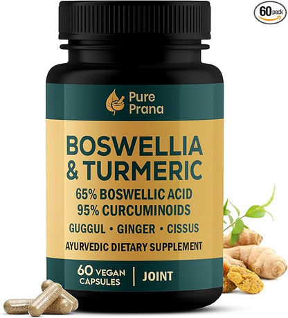 Pure Prana Boswellia Serrata & Turmeric Curcumin Supplement with Guggul, Ginger & Cissus – Supports Joint Comfort & Mobility – 95% Curcuminoids – Vegan, Non-GMO – 60 Capsules