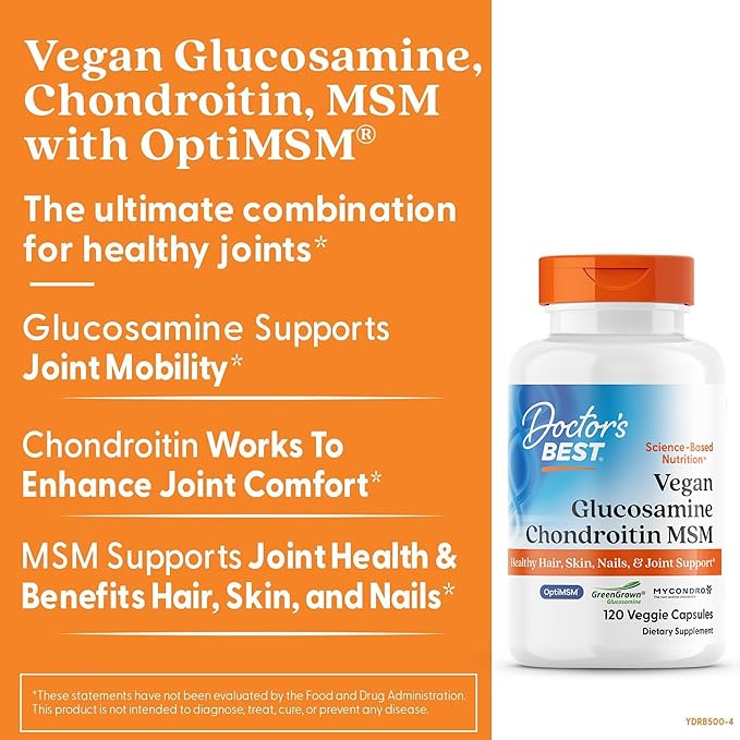 Doctor's Best Vegan Glucosamine Chondroitin MSM - Joint Health Support Supplement for Women & Men, Nutritional Support for Joint Strength, Hair, Skin, & Nails, Gluten Free, Non GMO - 120 Veg Capsules