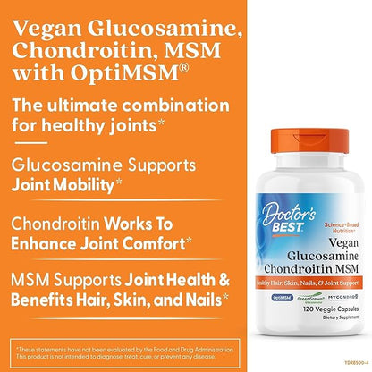 Doctor's Best Vegan Glucosamine Chondroitin MSM - Joint Health Support Supplement for Women & Men, Nutritional Support for Joint Strength, Hair, Skin, & Nails, Gluten Free, Non GMO - 120 Veg Capsules