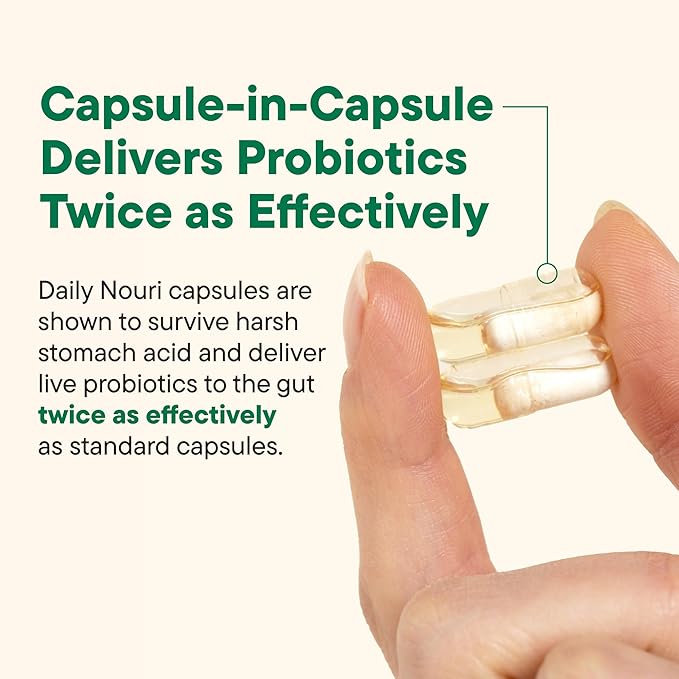 Daily Nouri Stress Support Probiotics for Women & Men | Mood & Cortisol Support | Gut-Brain Axis + Digestive Support | 3 Clinically Studied Strains + Omega | 30-Day Supply