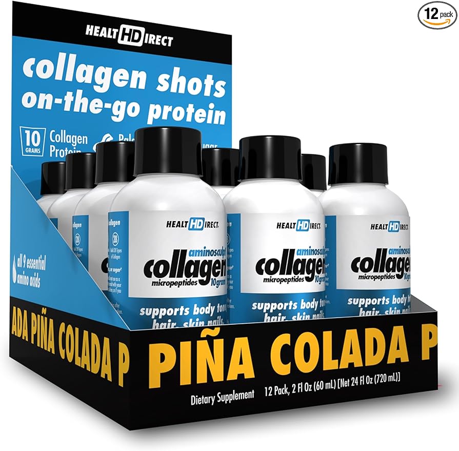 HEALTH DIRECT – Medical-Grade Liquid Collagen Shots – AminoSculpt Sugar-Free – Piña Colada – 12 Servings, (12pk, 2oz Shots) – Good for Joints, Bones, & Sleep – Better Hair, Skin & Nails