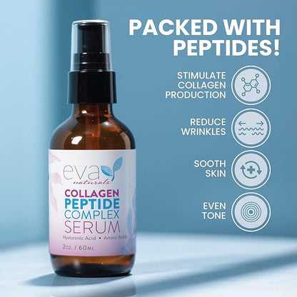 Eva Naturals Multi Peptide Face Serum – Anti Aging Collagen Peptides for Plump & Firm Skin Elasticity, Wrinkle & Fine Line Renewal, Fragrance Free Firming Facial Skincare - 2 oz 2 Pack
