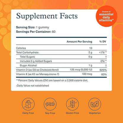 Youtheory K2D3 - Bone & Heart Health Support* - Combines Vitamin D3 & Vitamin K2 - Dairy, Soy & Gluten Free - Peach, 60 Vegetarian Gummies