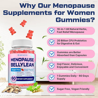 Menopause Supplements for Women Gummies, 16-in-1 Probiotic, Black Cohosh & Ashwagandha for Menopause Relief, Hot Flashes, Hormone Harmony, Mood Swings, Belly Burner* & Gut, Sugar-Free - 60 Gummies
