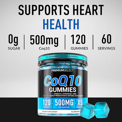 CoQ10 Gummies for Adults 500mg – Sugar Free, 120 Gummies – with Omega-3, Vitamin B3 & Zinc – Supports Heart Health, Cellular Energy & Antioxidant Support Gummy Chews