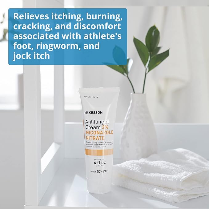 McKesson Antifungal Cream, 2% Miconazole Nitrate - Relieves Itching, Burning, Cracking from Jock Itch, Ringworm and Athlete Foot - 4 oz., 12 Count