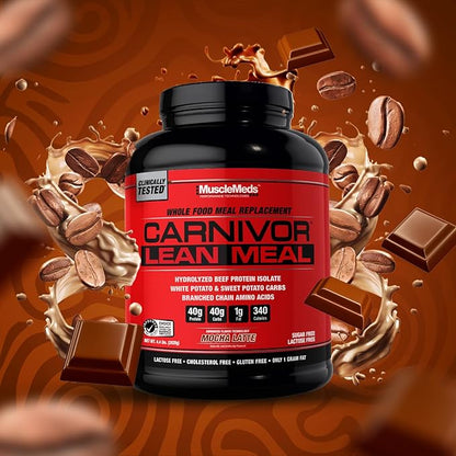 MuscleMeds CARNIVOR Lean Meal Whole Food Meal Replacement Shake, MRE, Beef Protein Isolate, White Potato, Sweet Potato, 40g Protein, 40 g Carbs, Lactose Free, Sugar Free, Mocha Latte 20 Servings
