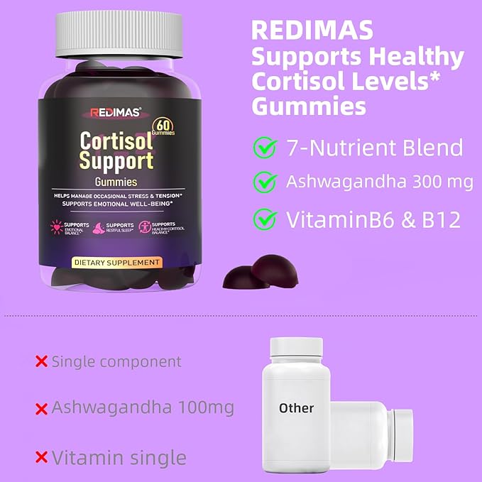 Cortisol Gummies for Women & Men with Ashwagandha, Magnesium, L-Theanine and Multivitamin, Vegan Chewable Gummies for Daily Lifestyle Balance, Convenient Adult Supplement, 60 Count
