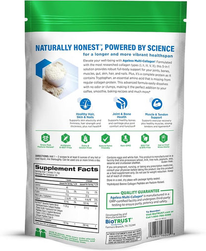 BioTrust Ageless Multi Collagen Peptides Powder – 5 Types (I, II, III, V, X) – Unflavored Collagen Powder for Women & Men – Hydrolyzed Protein – Grass Fed Beef, Fish, Chicken, Eggshell Membrane, 3-pk