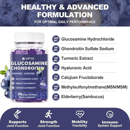 Glucosamine Chondroitin Gummies with MSM & Elderberry Extra Strength 3000MG - Joint Support, Antioxidant Immune Support Supplement for Adults, Men & Women - 90 Blueberry Gummies