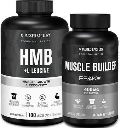 Jacked Factory Muscle Builder Bundle – Peak ATP Muscle Builder (30 Capsules) & HMB + Leucine Capsules (2g L-Leucine, 1g HMB) (180 Capsules) – Muscle Growth, Strength, Lean Muscle & Recovery Support