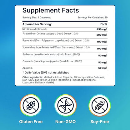 Liposomal Nicotinamide Riboside NR Supplement Resveratrol NAD : Nicotinamide 500mg w/Fisetin, Resveratrol Powder Spermidine Berberine NAD Resveratrol Supplement 500 mg - 60 caps 1 Pack