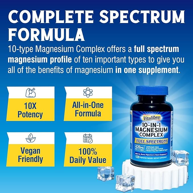 10 in 1 Magnesium Complex, 420mg Elemental Magnesium | Ultra Strength, Max Absorption | Chelated Magnesium Supplement for Nerves, Bone & Heart Health | Non-GMO, 120 Vegan Capsules