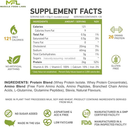 MFL Muscle Whey Protein l 28g of Protein l 8g BCAAs l Keto Friendly l Low Carbs l 2 lbs (Cookies and Cream)