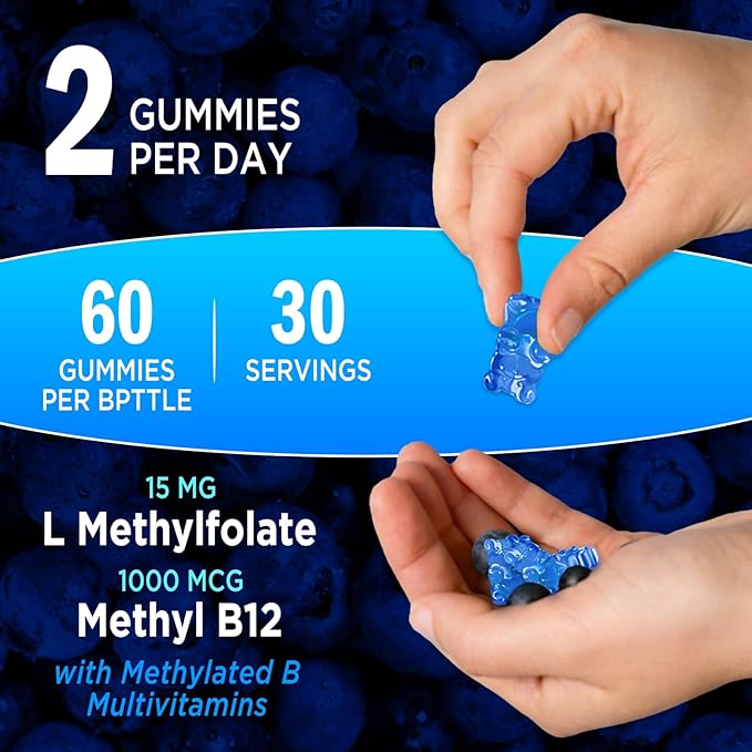 L-Methylfolate 15mg & Methyl B12 1000mcg Gummies, Methylated B1, B2, B6 Multivitamins for Men Women, Active 5-MTHF & B Complex Supplement Supports MTHFR Gene, Immune, Brain Health, Vegan, 60 Gummies