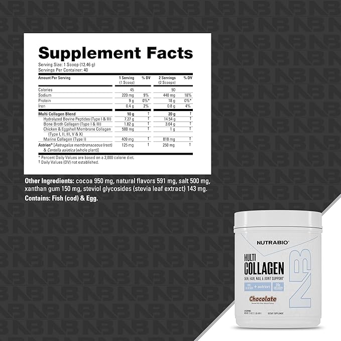 NutraBio Multi Collagen Powder- Hydrolyzed Collagen Peptides for Glowing Hair & Skin- Grass-Fed- Collagen Powder for Women and Men- 45 Servings- Chocolate