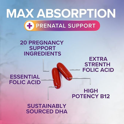 Prenatal Vitamins for Women with Folic Acid + Omega 3 DHA for Fetal Brain Development, Best Prenatal Vitamin Supplement, Daily Pregnancy Multivitamin Nutritional Support, Non-GMO - 120 Softgels
