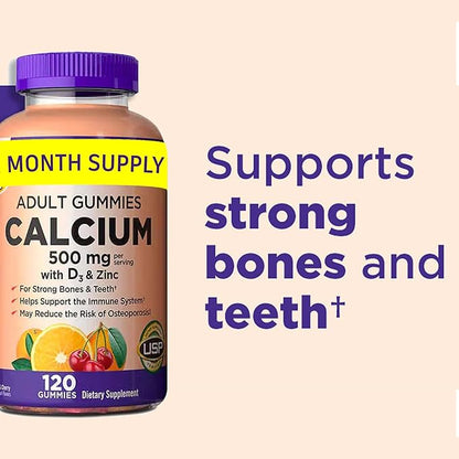 KS Calcium 500 mg with Vitamin D3 1000 IU & Zinc – 120 Gummies (2-Month Supply) – Bone, Teeth & Immune Support for Adults – Natural Orange & Cherry Flavors – USP Verified