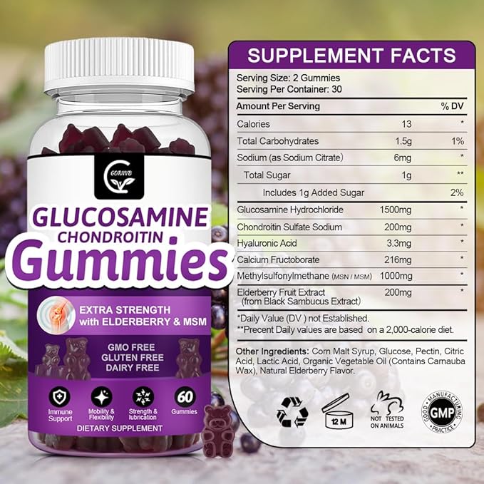 GORNVB Glucosamine Chondroitin Gummies with MSM & Elderberry Extra Strength - Flexibility Support, Antioxidant Immune Support Supplement for Adults, Men & Women - 60 Chondroitin Gummies (2 Pack)