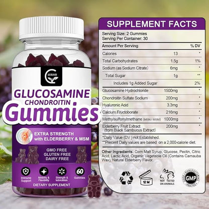 GORNVB Glucosamine Chondroitin Gummies with MSM & Elderberry – Extra Strength Mobility & Flexibility Support, Antioxidant Immune Supplement for Women & Men