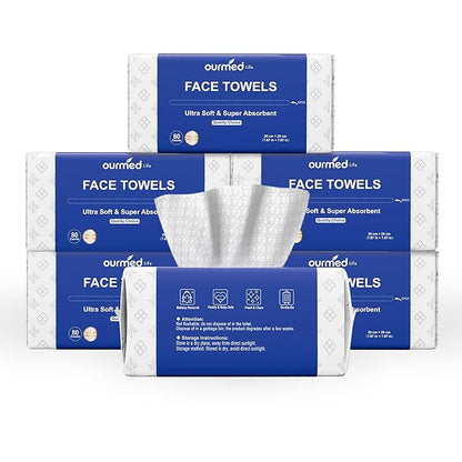 Ourmed Life Face Towels, Disposable Biodegradable Clean Facial Towels for Sensitive Skin, Lint- free Face Cloths for Makeup Remover, Skincare and Women Cleaning, Dry Wipes,480 Count Dot Texture