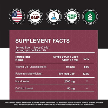 Inositol Powder - Myo & D-Chiro Inositol + Folate and Vitamin D - 40:1 Ratio - 45 Day Supply - Regular Menstrual and Fertility Support | Great Alternative to Capsules