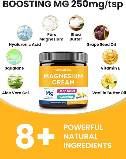 Venture Pal Topical Magnesium Cream, Fast-Absorbing Magnesium Moisturizing Lotion with Coconut Oil, Shea Butter & Hyaluronic Acid, Suitable for Kids