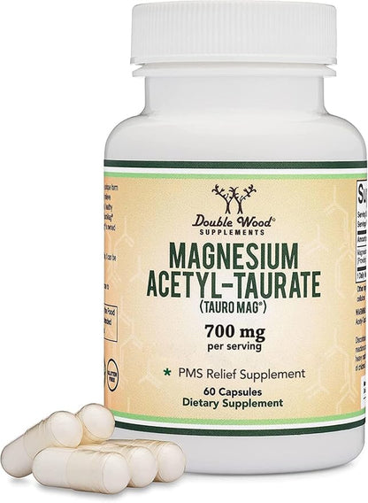 Magnesium Acetyl-Taurate (ATA MG, TauroMag) Novel and Patented Form of Magnesium for PMS and Cramp Relief (60 Capsules, 350mg) PMS Relief Magnesium Supplement by Double Wood Supplements