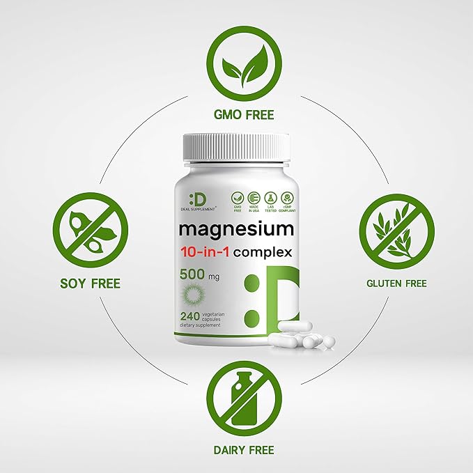 Magnesium Complex 500mg, 480 Veggie Capsules – Pack of 2 | 10-in-1 Glycinate, Citrate, Malate, Oxide, & More – 100% Chelated for Easy Absorption – Essential Mineral Supplement – Non-GMO