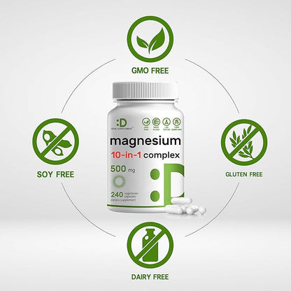 Magnesium Complex 500mg, 480 Veggie Capsules – Pack of 2 | 10-in-1 Glycinate, Citrate, Malate, Oxide, & More – 100% Chelated for Easy Absorption – Essential Mineral Supplement – Non-GMO