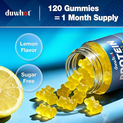 duwhot Whey Protein Gummies Sugar Free, Low Calorie 8g Protein Per Serving, Easy to Take Snacks for Men & Women, Lemon Flavor, 1 Month Supply, 120 Chews