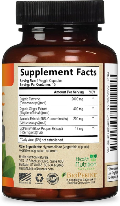 Turmeric Curcumin Supplement - 2000mg Organic Turmeric & 400mg Organic Ginger per Serving - 95% Curcuminoids & BioPerine Black Pepper for Best Absorption & Joint Support, Bottled in USA - 60 Capsules