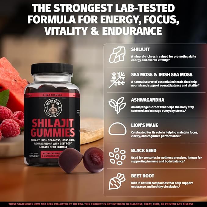 Coach Soak Shilajit Gummies 6-in-1: Tasty Raspberry Watermelon Flavor with Ashwagandha, Lion’s Mane, Irish Sea Moss, Beet Root & Black Seed Oil - Lab Tested Pure Shilajit for Men and Women | 120 ct