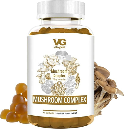 VITA Globe Mushroom Complex Gummies with Reishi, Lions Mane Mushrooms, Chaga, Cordyceps & More, Mushroom Supplement for Immune Defense, Energy & Brain Function Support, 250mg, 60 Count (Pack of 1)