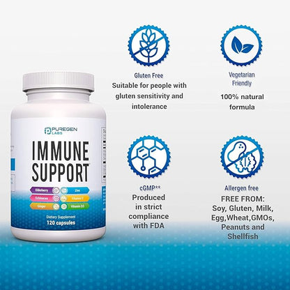 6 in 1 Immune Support 120 Capsules with Powerful Blend of Elderberry, Echinacea, Ginger, Vitamin C 650mg, Vitamin D3 5000 IU & Zinc Picolinate 30mg- Immune Booster Supplement for Adults and Kids