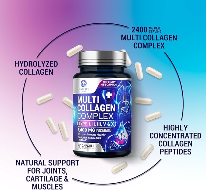 Multi Collagen Peptides Supplement for Hair, Nail, Skin - Type I, II, III, V, X, Collagen Powder Pills - Grass-Fed, Hydrolyzed for Bone and Joint Support for Women & Men, Non-GMO - 60 Capsules