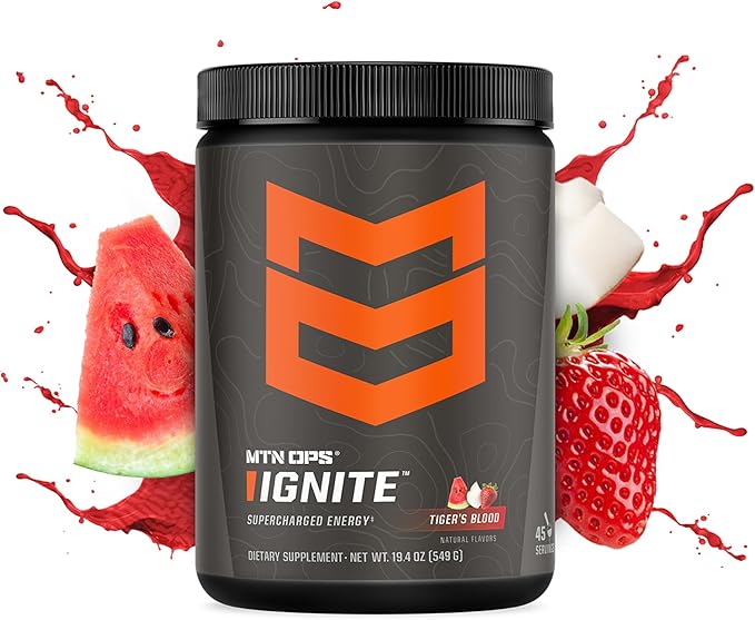 MTN OPS Ignite Sugar Free Energy Drink Powder with 200mg Caffeine, Nootropic Blend for Energy, Focus & Endurance, L Arginine & L Citrulline Pre Workout, 45 Servings, Tiger's Blood