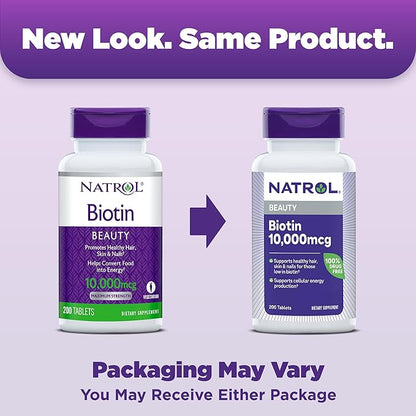 Natrol Biotin 10000mcg, Supplement for Healthy Hair, Skin and Nails for Those Low in Biotin, Plus Energy Metabolism Support, 200 Tablets, Up to a 200 Day Supply,(Pack of 2)