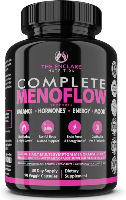 Menopause Supplement for Women – Complete MenoFlow 1700mg Daily Multi-Symptom Support, Hot Flash Relief, Hormone Balance, Mood & Energy, with Black Cohosh, Red Clover & Ashwagandha – 90 Veggie Caps