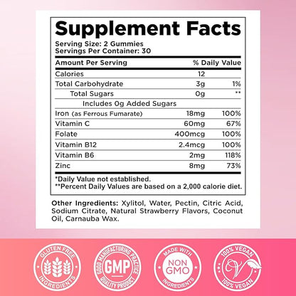 2 Pack Iron Gummies for Women & Men - Iron Supplement with Vitamin B6, B12, C, Zinc, Folate for Adults & Kids - Support Iron Deficiency, Anemia, Energy Boost, Blood Builder - Sugar Free Strawberry