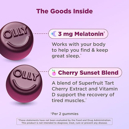 OLLY Muscle Recovery Sleep Gummies, Sleep and Sore Muscle Support, 3mg Melatonin, Tart Cherry, Vitamin D, Berry Flavor - 40 Count